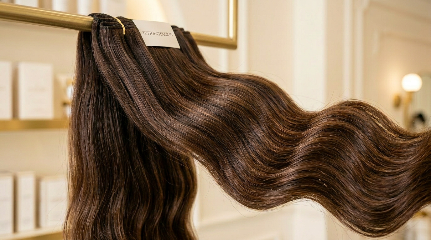Close-up premium brunette hair extensions with Tuttoextension brand